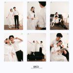 Cặp đôi thể hiện sự trẻ trung, năng động trong bộ ảnh cưới studio tối giản với phông nền trắng, ghế sofa và sách làm đạo cụ. Trang phục áo sơ mi trắng, chân váy trắng và quần tây đen mang đến phong cách hiện đại, tự nhiên với tông màu trắng đen chủ đạo.