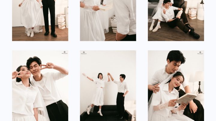 Cặp đôi thể hiện sự trẻ trung, năng động trong bộ ảnh cưới studio tối giản với phông nền trắng, ghế sofa và sách làm đạo cụ. Trang phục áo sơ mi trắng, chân váy trắng và quần tây đen mang đến phong cách hiện đại, tự nhiên với tông màu trắng đen chủ đạo.
