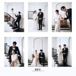 Cặp đôi chụp ảnh cưới tại studio với bối cảnh tối giản, hiện đại cùng cầu thang và ghế sofa, cô dâu diện váy cưới trắng dáng suông thanh lịch, chú rể lịch lãm trong vest đen, mang phong cách tự nhiên, tông màu trắng đen chủ đạo.