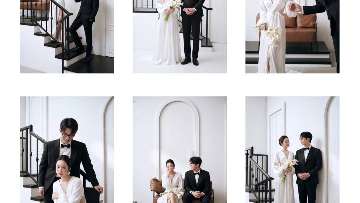 Cặp đôi chụp ảnh cưới tại studio với bối cảnh tối giản, hiện đại cùng cầu thang và ghế sofa, cô dâu diện váy cưới trắng dáng suông thanh lịch, chú rể lịch lãm trong vest đen, mang phong cách tự nhiên, tông màu trắng đen chủ đạo.