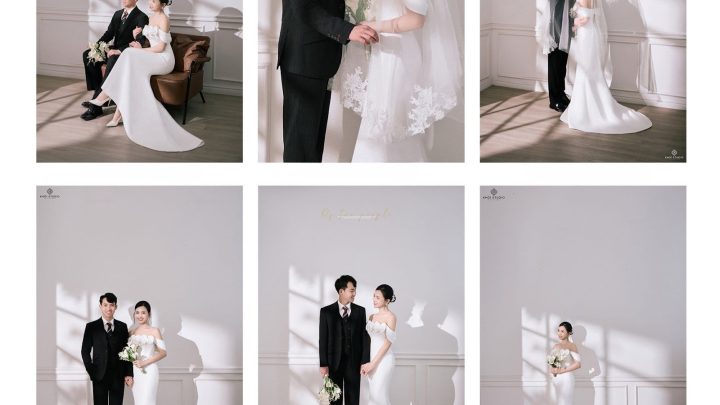 Bộ ảnh cưới phong cách Hàn Quốc sang trọng và nhẹ nhàng với tông màu trắng đen tinh tế.