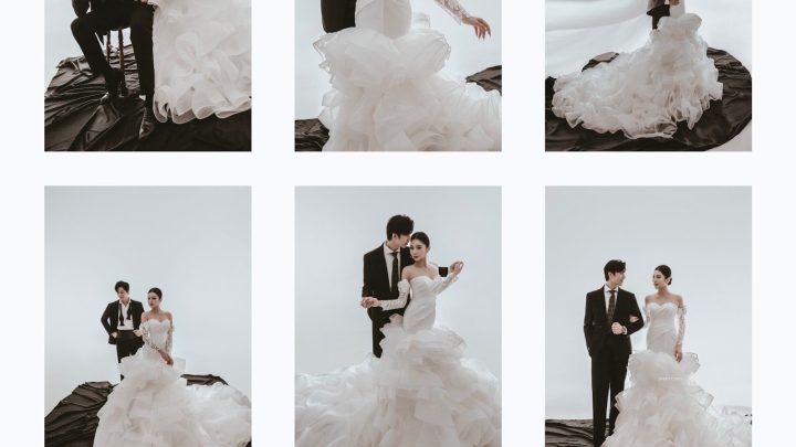 Bộ ảnh cưới pre-wedding sang trọng của cặp đôi trong studio với váy cưới lộng lẫy.
