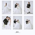 Cặp đôi chụp ảnh cưới tại studio với bối cảnh trắng tối giản, cô dâu lộng lẫy trong váy cưới trắng cúp ngực, chú rể lịch lãm với vest đen quần trắng, mang đến phong cách Hàn Quốc hiện đại và sang trọng với tông màu trắng tinh khôi.