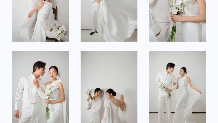 Bộ ảnh cưới pre-wedding phong cách Hàn Quốc với tông màu trắng tinh khôi và sang trọng.