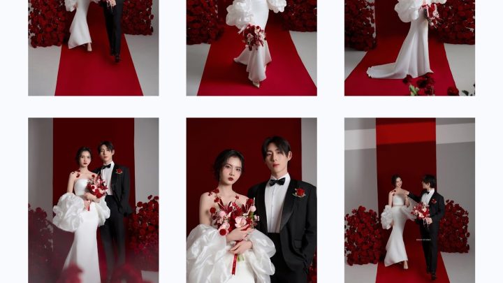 Bộ ảnh cưới pre-wedding sang trọng với concept tông màu đỏ và trắng nổi bật.