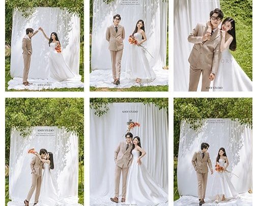 Bộ ảnh cưới phong cách Hàn Quốc nhẹ nhàng và lãng mạn của cặp đôi trong trang phục váy trắng và vest beige.
