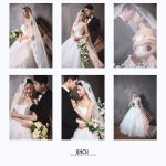 Cặp đôi lãng mạn trong studio với váy cưới trắng tinh khôi và vest đen lịch lãm, mang phong cách Hàn Quốc nhẹ nhàng cùng tông màu trắng xám chủ đạo.