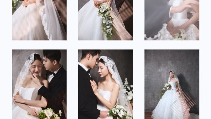 Cặp đôi lãng mạn trong studio với váy cưới trắng tinh khôi và vest đen lịch lãm, mang phong cách Hàn Quốc nhẹ nhàng cùng tông màu trắng xám chủ đạo.