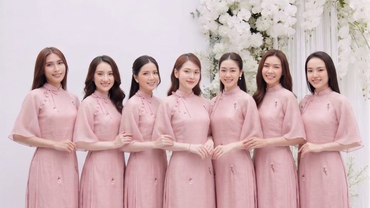Nhóm các cô gái mặc áo dài hồng duyên dáng đứng trước phông nền hoa trắng.