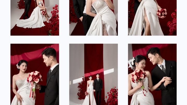 Bộ ảnh cưới sang trọng với tông màu đỏ và trắng tại studio.
