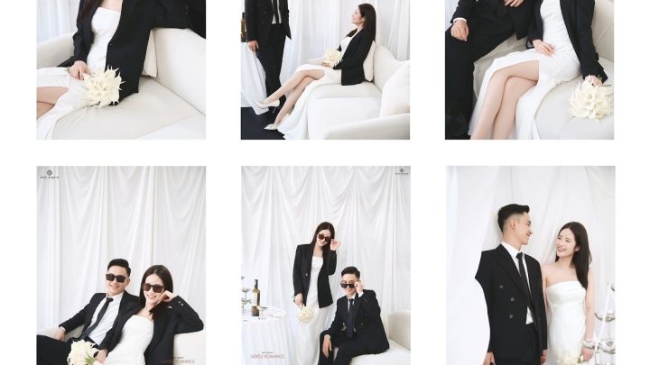 Bộ ảnh pre-wedding phong cách Hàn Quốc sang trọng với tông màu trắng và đen chủ đạo.