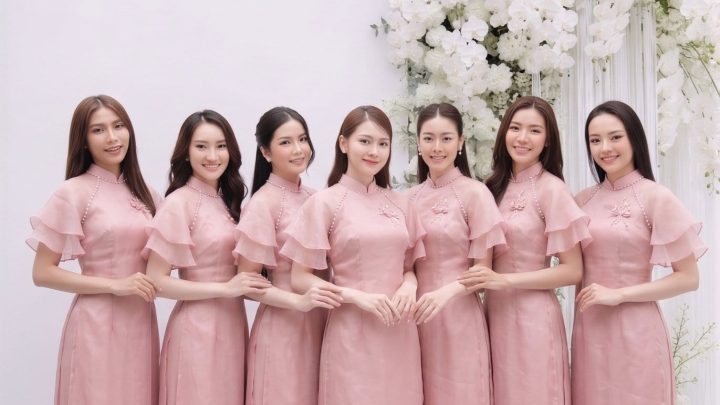 Nhóm các cô gái mặc áo dài hồng pastel chụp tại studio với hoa trắng.