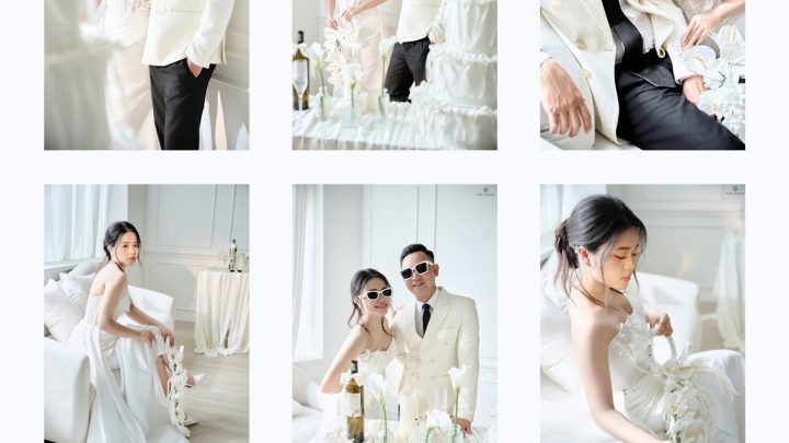 Bộ ảnh pre-wedding phong cách Hàn Quốc sang trọng với tông màu trắng chủ đạo.