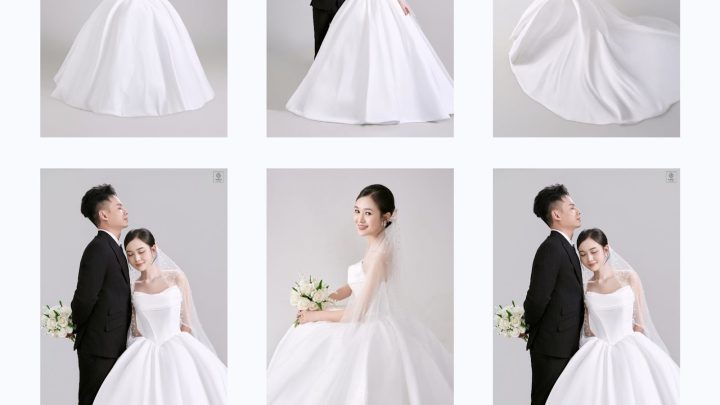 Bộ ảnh cưới sang trọng của cặp đôi trong studio với váy cưới trắng và vest đen.