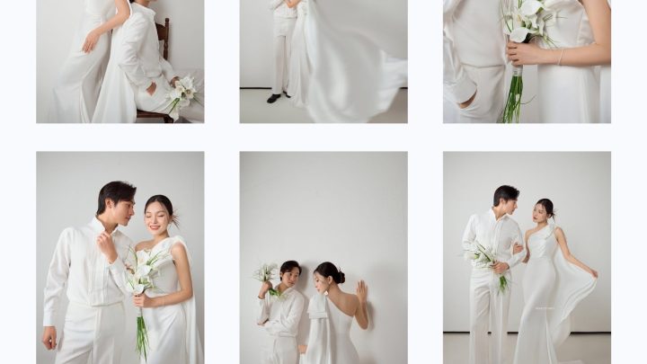 Bộ ảnh cưới phong cách Hàn Quốc với tông màu trắng tinh khôi và lãng mạn.