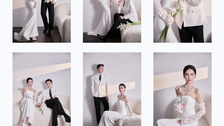 Bộ ảnh cưới pre-wedding phong cách sang trọng và hiện đại với tông màu trắng chủ đạo tại studio.