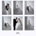 Bộ ảnh cưới pre-wedding sang trọng và lãng mạn của cặp đôi trong studio với tông màu trắng đen tinh tế.