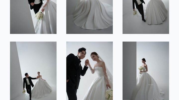 Bộ ảnh cưới pre-wedding sang trọng và lãng mạn của cặp đôi trong studio với tông màu trắng đen tinh tế.