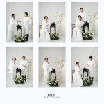 Bộ ảnh cưới cặp đôi mặc áo dài trắng tinh khôi trong không gian studio nhẹ nhàng và sang trọng.