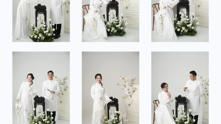 Bộ ảnh cưới cặp đôi mặc áo dài trắng tinh khôi trong không gian studio nhẹ nhàng và sang trọng.