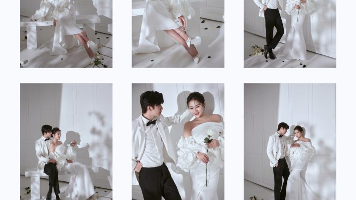 Bộ ảnh pre-wedding phong cách Hàn Quốc sang trọng với tông màu trắng chủ đạo.