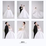 Bộ ảnh cưới sang trọng của cặp đôi trong studio với váy cưới trắng tinh khôi và vest đen lịch lãm.