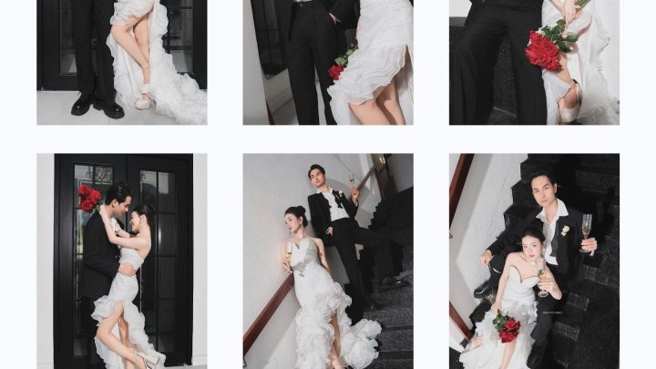 Bộ ảnh cưới pre-wedding sang trọng và lãng mạn của cặp đôi trong trang phục váy trắng và vest đen tại studio.